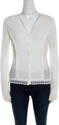 Escada Off White Multi Lace Paneled Long Sleeve Cardigan