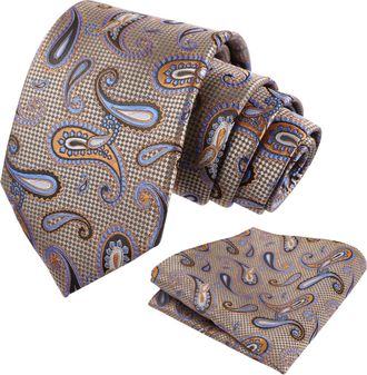 Alizeal Mens Paisley Jacquard Necktie and Hanky Set for Party Wedding Retro Tie and Pocket Square Set, Khaki