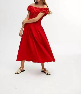 Nocturne Drape Off The Shoulder Midi Dress In Red
