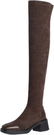 Generic Womens Over-The-Knee Boots Square Toe Chunky Heel Suede Slip On Cushioned Insole Comfortable Non Slip Daily Casual Streetwear Shoes,Brown,6.5 UK