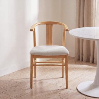 Maisons du monde Silla de tejido de poli&eacute;ster tramado crudo con patas de madera de roble macizo