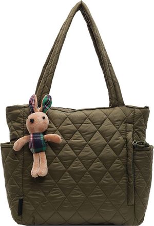 Generic Womens Puffer Tote Bag with Cute Bunny Charm, Large Capacity Cotton Shoulder Bag, Multi-Layer Storage and Smooth Zipper Closure, Applies to Work (Gree