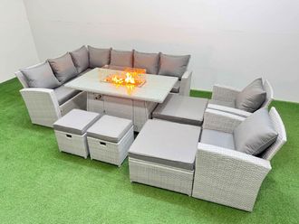 Fimous Outdoor Furniture Garden Dining Set Gas Fire Pit Table with Temper Glass Footstools Light Grey Mixed