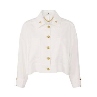 Elisabetta Franchi Light Jackets, female, Beige, M, Gabardine Pea Coat with Jewel Buttons
