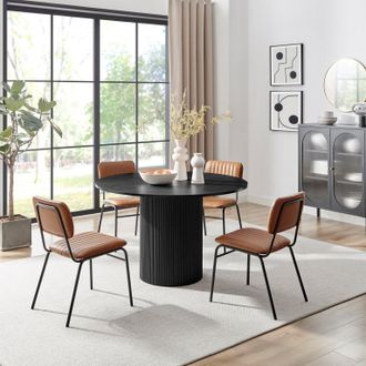 Furniturebox Penrose Black Round Dining Table & 4 Tan Delta Chairs