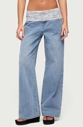 Edikted Lace Foldover Low Rise Baggy Pants in Blue-Vintage-Washed at Nordstrom, Size X-Small
