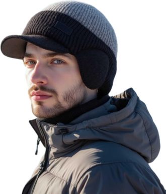 Generic Yuan Winter Hat, Winter Knitted Baseball Cap for Men, Fleece Lined Thick Knitted Hat with Ear Flaps (Gray)