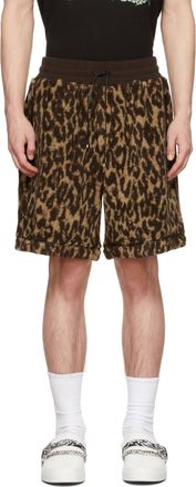 Amiri Printed Leopard Fleece Shorts In Brown/tan