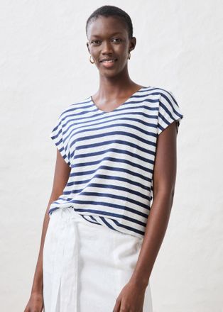 Bonprix T-Shirt BONPRIX, Damen, Gr. 48/50 (XL), dunkelblau, wei&szlig; gestreift, Web, Obermaterial: 100% Leinen, oversize normal, V-Ausschnitt, Shirts T-Shirt, Ove