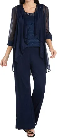 R & M Richards Glitter Embroidered Pant Suit With Pearl Neckline In Navy