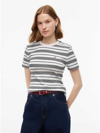 Tommy Hilfiger Womens Slim Fit Ribbed Crewneck T-Shirt - Ecru / Black - XL