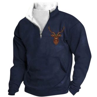 Generic Sweatshirts for Men UK Cowboy Western Fleece Lined Bull Head Print Jacket Aztec Quarter Zip V Neck Pullover Vintage 1/4 Zip up Stand Collar Country Sw