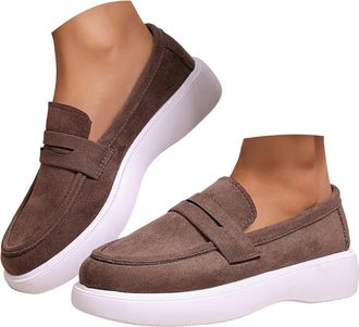 Generic Women Platform Slip On Loafers Comfortable Suede Wide Low Top Casual Shoes Fashion Round Toe Chunky Loafer Ladies Work Driving Walking Shoes Indoor Ou
