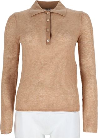 Aspesi Beige Cropped Ribbed Knit Wool-Blend Polo Sweater