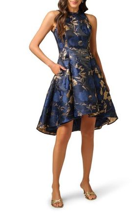 Adrianna Papell Jacquard Ruffle Sleeveless Cocktail Dress in Navy/gold at Nordstrom, Size 16