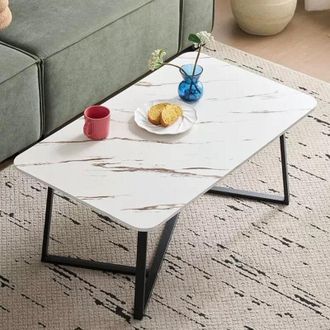 Trade Shop TrAdE Shop Traesio - Tavolino Rettangolare Basso Con Piano Effetto Marmo Gambe Incrociate Per Soggiorno Salotto - Bianco