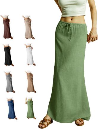 Generic 2025 Summer Linen Maxi Skirts for Women, Cute Vacation Boho Long Flowy Skirts, Comfy Drawstring Waist A Line Skirts (Green,XXL)