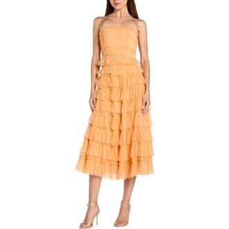 Mac Duggal Solid Mesh Micro Ruffle Strapless Midi Dress in Sherbet at Nordstrom, Size 10