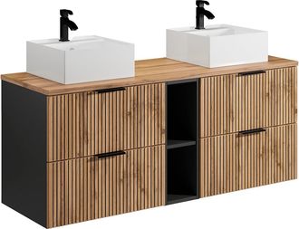 Vente-Unique Mueble de ba&ntilde;o suspendido con estantes y lavabo cuadrado sobre encimera - Natural claro - 140 cm - MADELA