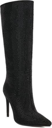 Generic Womens Sparkly Rhinestone Knee High Boots Stiletto High Heel Pointed Toe Pull On Wide Calf Dress Shoes for Party and Dance (Black,7.5)