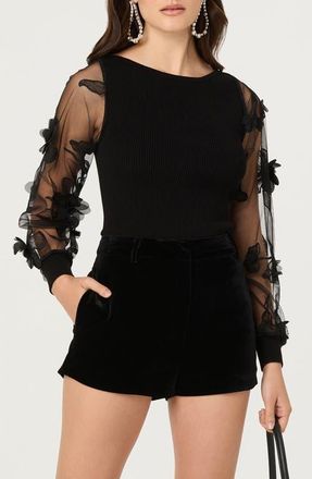ASTR the Label Meagan Floral Appliqu&eacute; Sheer Sweater in Black at Nordstrom, Size X-Small