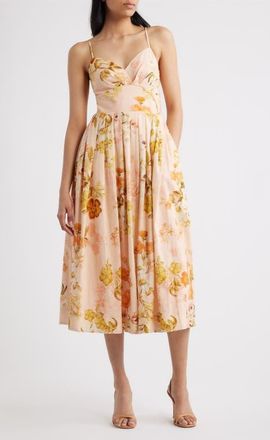Julia Jordan Floral Linen Blend Midi Dress in Blush Multi at Nordstrom, Size 16