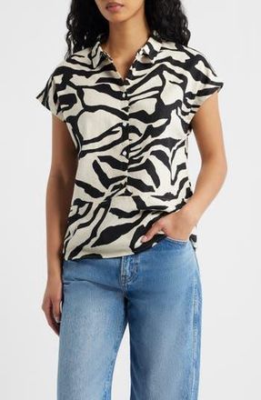 Ichi Animal Print Linen Blend Top in Black Multi at Nordstrom Rack, Size 10 Us / 42 Eu