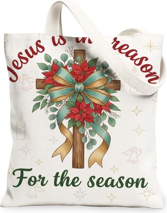 Generic Christmas Floral Canvas Tote Bags, Holiday Plant Design Reusable Bags, Vintage Lightweight Washable Shoulder Strap for Trav, White, 13x15 Inch