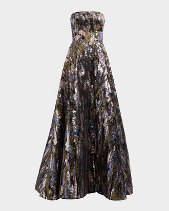 Elie Saab Floral Sequined Strapless A-Line Gown