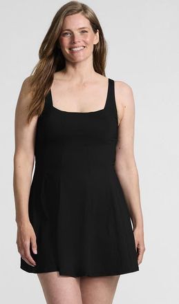 Lands End Square Neck Corset Seamed Swim Dress in Black at Nordstrom, Size 10