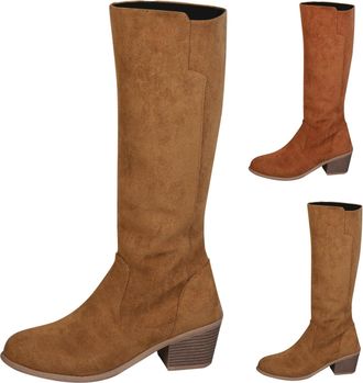 Generic Suede Knee High Boots for Women Winter Chunky High Heel Dress Tall Boot with Side Zipper Ladies Slouchy Retro Round Toe Brown Cowboy Boots
