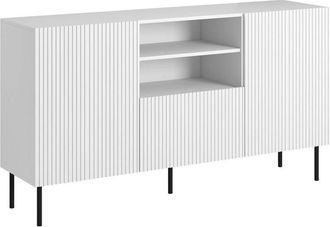 Dmora Credenza Malo, Madia da salotto con due ante battenti, un cassetto e due vani aperti, Design con effetto cannettato, 150x42 h82 cm, Bianco