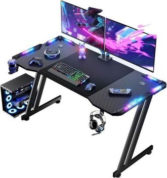 OEM Hlonone 120 X 60 Cm Mesa De Gaming, Escritorio De Gaming Con Led, Superficie De Fibra De Carbono, Con Gancho Para Auriculares Y Portavasos, Negro