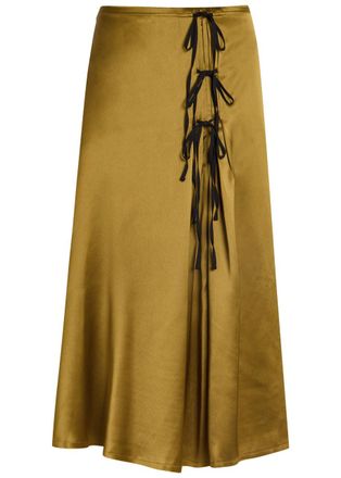 Ganni Bow-embellished Satin Midi Skirt - Olive - 34 (UK6 / XS)