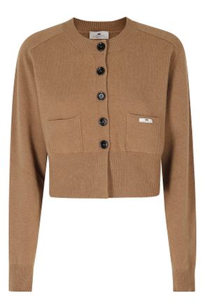 Elisabetta Franchi Cropped Brown Cardigan with Button Closure and Ribbed Edges