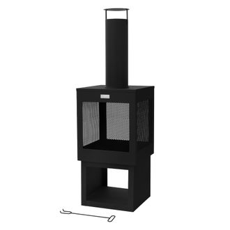 ML Design Chimenea De Jard&iacute;n 128 X 40 Cm Cuadrada De Acero Negro, Estufa De Terraza Para Exterior Con Atizador, Techo Desmontable Y Compartimento Para Le&ntilde;a, Fog