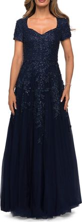 La Femme A-line Lace and Tulle Evening Dress with Beading in Navy at Nordstrom, Size 12