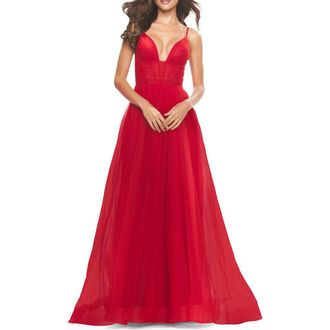 La Femme A-Line Tulle Gown with Illusion Bodice and Boning in Red at Nordstrom, Size 14