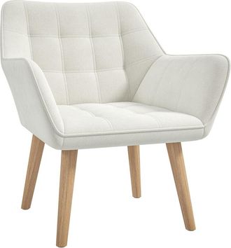 HOMCOM Velvet-Feel Accent Chair with Arms Slanted Back Wood Legs Cream White - Homcom