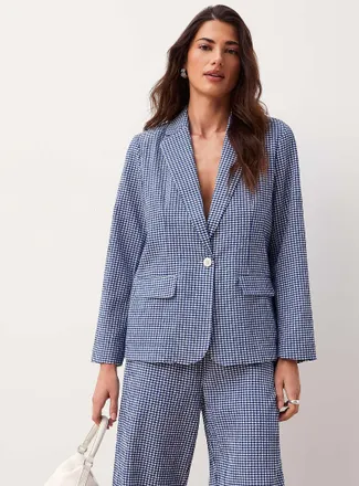 Ichi Womens Gingham pattern loose seersucker Blazer Jacket