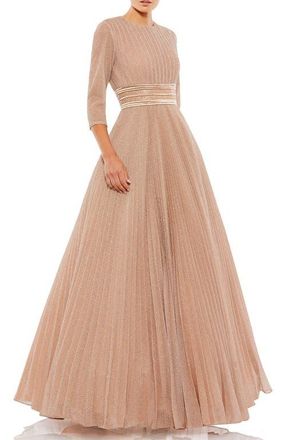 Mac Duggal Shimmering Pleated A-Line 3/4 Sleeve Gown in Rose Gold at Nordstrom, Size 16
