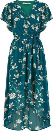 Yumi Green Floral Wrap Midi Dress with Frill Hem (UK, Numeric, 14, Regular, Regular, Green)