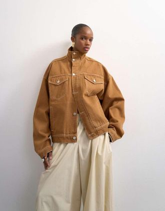 Topshop Giacca di jeans color tabacco con collo a imbuto e fondo elasticizzato-Marrone