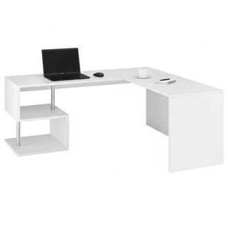 Dmora Escritorio De Esquina Para Oficina Y Estudio Con Estante, Made In Italy, Mesa De Ordenador, Escritorio Para Pc, 160x60h78 Cm, Color Blanco Brillante, 