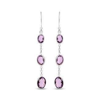 House of Brilliance 925 Sterling Silver Checkerboard Cut Oval Purple Amethyst 2 Inch Drop and Dangle Earrings