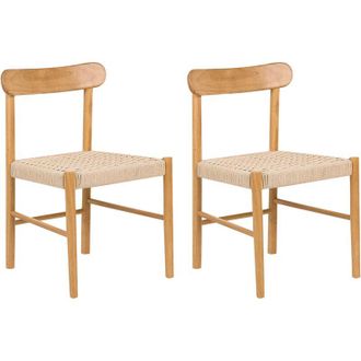 Beliani Conjunto De 2 Sillas De Comedor Estructura De Madera De Caucho Asientos De Cuerda De Papel Comedor Sin Reposabrazos Estilo Retro Marr&oacute;n Y Beige Eagan