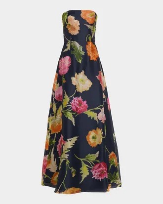 Carolina Herrera Strapless A-Line Floral Silk Gown