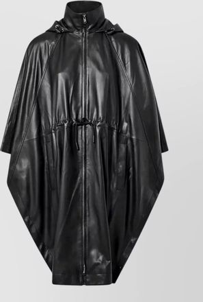 Yves Salomon leather hooded cape drawstring waist jacket