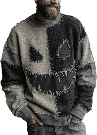 Generic Halloween Knitted Sweater Men, Plus Size Funny Pumpkin Face Casual Stylish Hooded Pullover Sweatshirt Long Sleeve Vintage Crew Neck Stretchy Comfortab