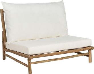Beliani Silla Baja De Exterior E Interior Con Cojines Madera De Bamb&uacute; Con Respaldo Mobiliario De Interior Exterior Jard&iacute;n Claro Y Blanco Todi